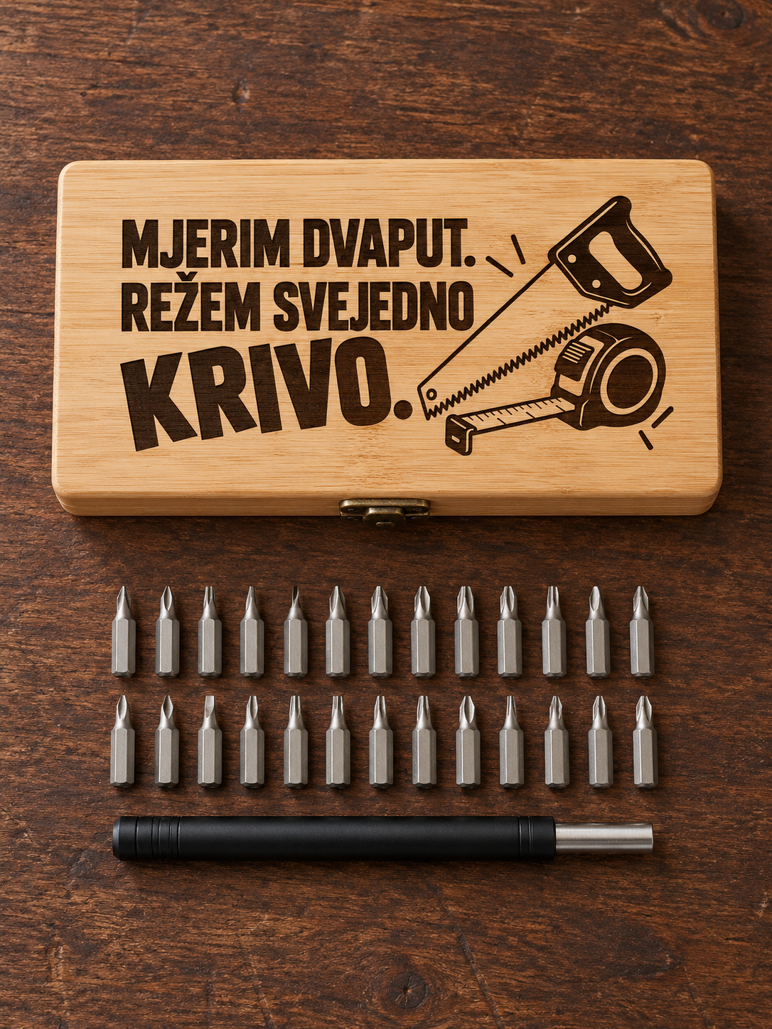 Bamboo precision tool case with illustrated lid Personalizirani set alata Mjerim dvaput u bambusovoj kutiji