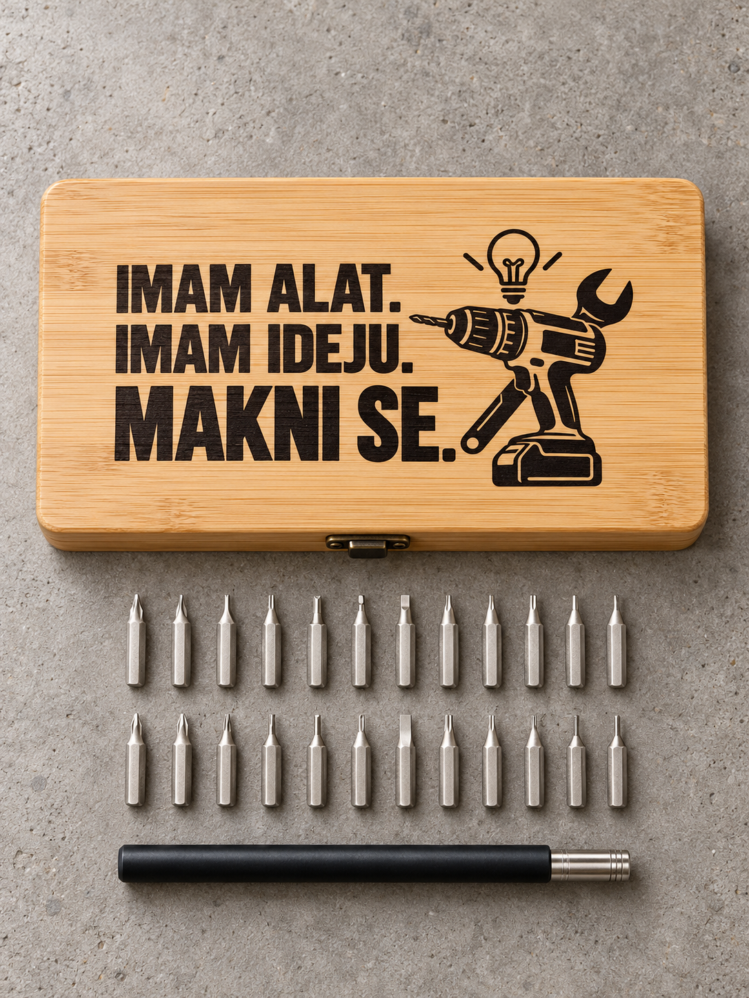 Bamboo precision tool case with printed lid Personalizirani set alata Imam alat u bambusovoj kutiji