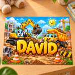 Personalizirane puzzle za djecu s građevinskim vozilima i imenom po želji