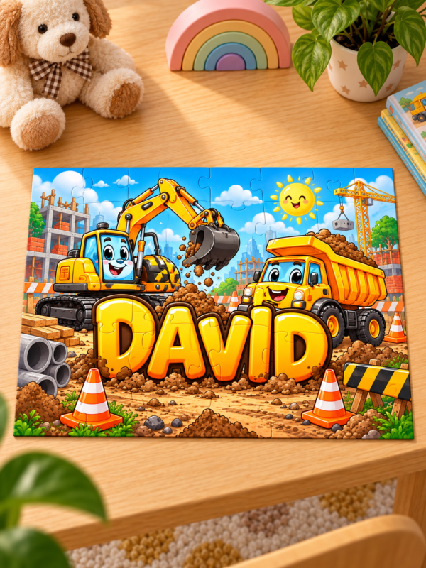 Personalizirane puzzle za djecu s građevinskim vozilima i imenom po želji
