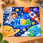 Personalizirane puzzle za djecu s astronautom, raketom i šarenim planetima
