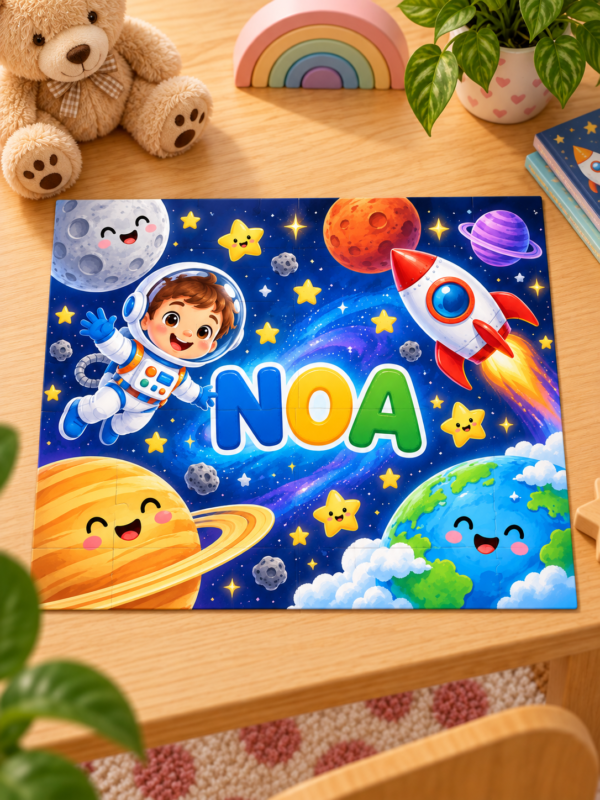 Personalizirane puzzle za djecu s astronautom, raketom i šarenim planetima