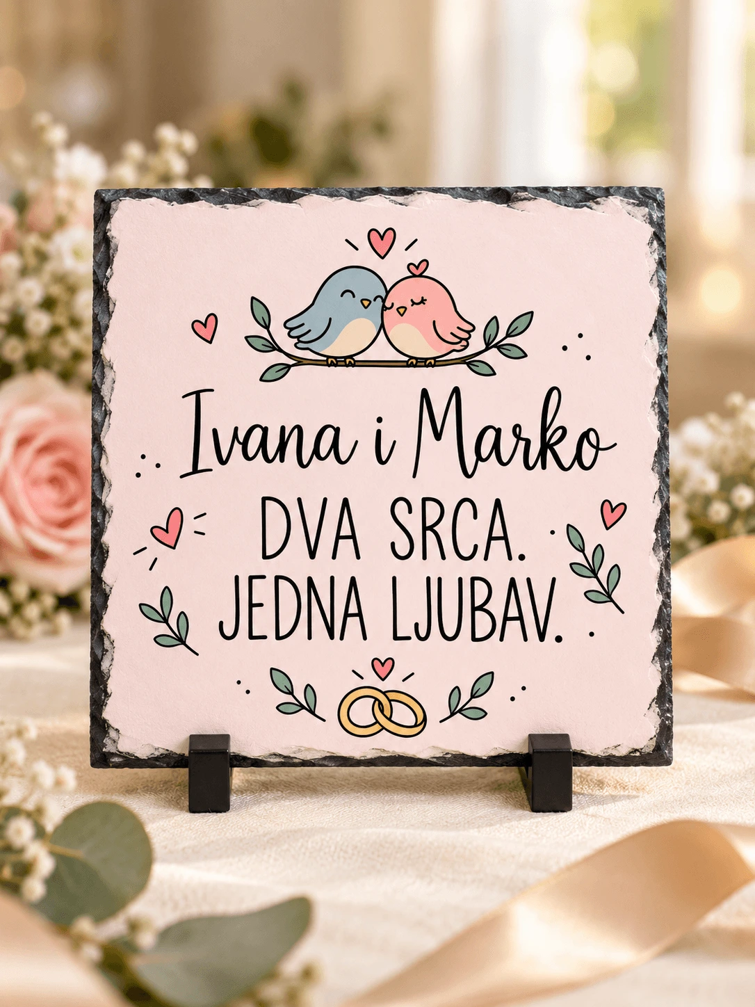 Ivana and Marko Wedding Slate-4 Foto kamen za zaljubljene s imenima po želji i porukom Dva srca jedna ljubav