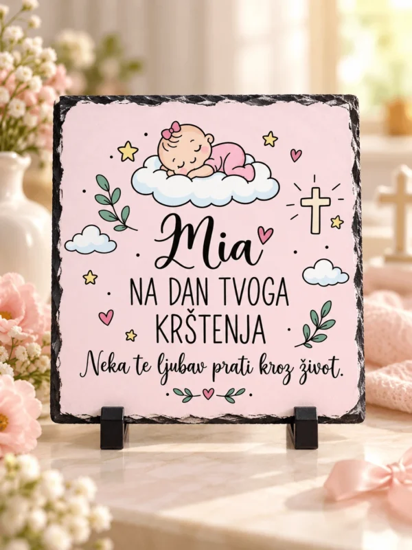 Foto kamen za krštenje s imenom i posvetom za dječake i djevojčice