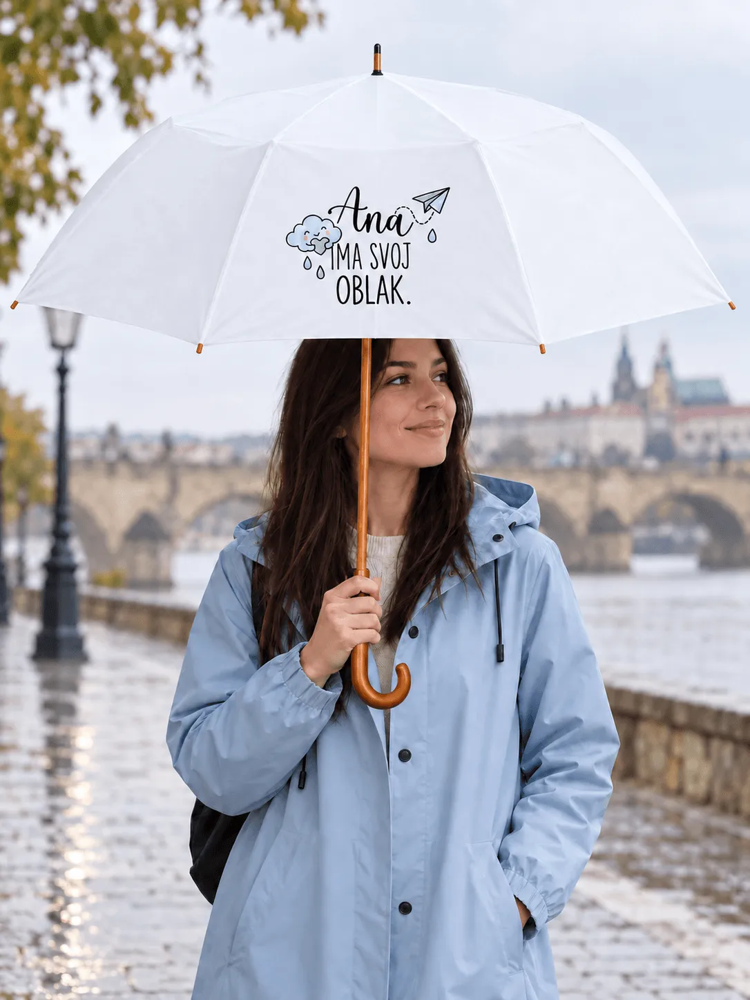 White umbrella with honey-brown hardware-5 Personalizirani kišobran s imenom Ana i natpisom Ima svoj oblak