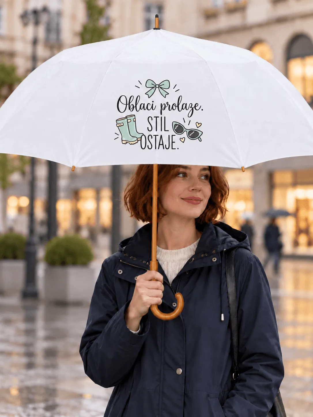White umbrella with warm wooden details-3 Kišobran Oblaci prolaze stil ostaje s personalizacijom imenom po želji