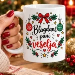 Bijela božićna šalica s natpisom Blagdani puni veselja