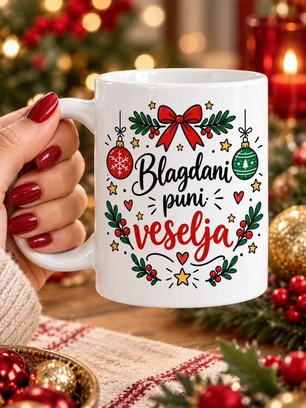 blagdani-puni-veselja Bijela božićna šalica s natpisom Blagdani puni veselja
