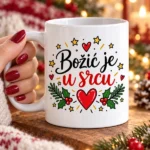 Šalica Božić je u srcu s crvenim srcem i blagdanskim grančicama