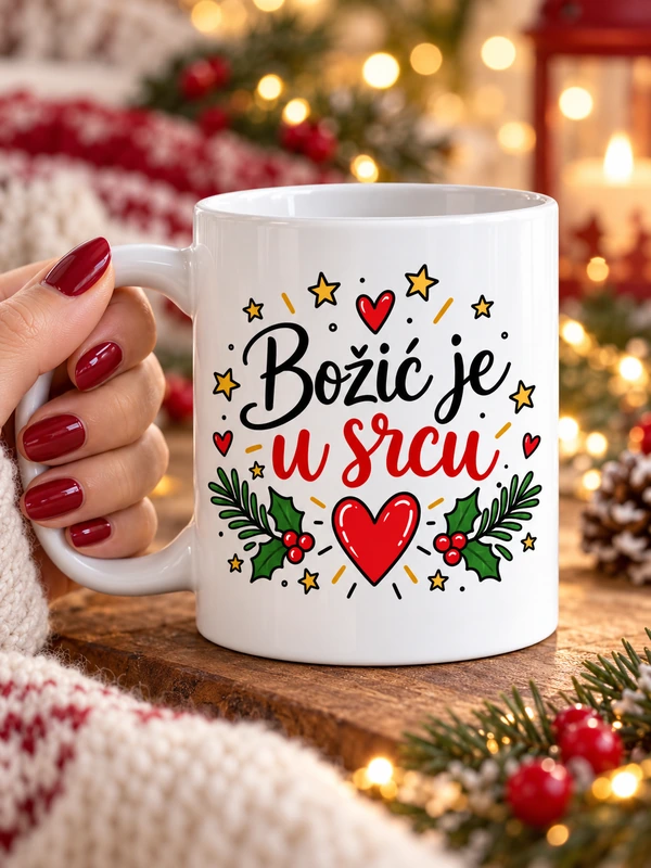 božić-je-u-srcu Šalica Božić je u srcu s crvenim srcem i blagdanskim grančicama