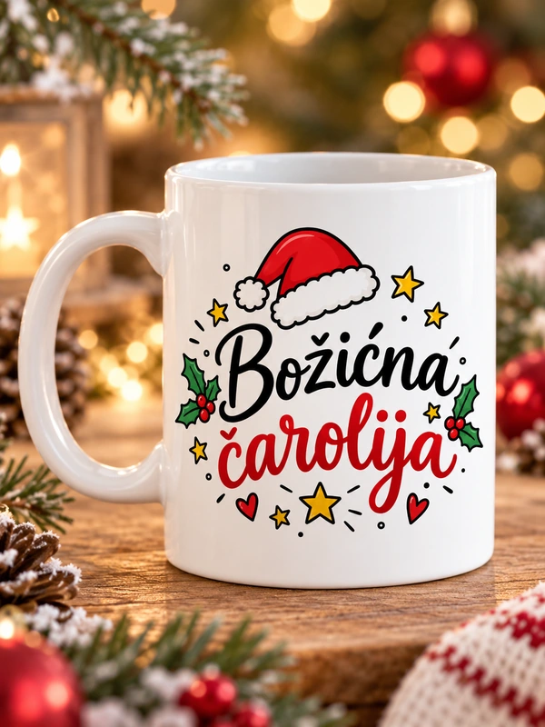 božićna-čarolija Bijela božićna šalica s natpisom Božićna čarolija
