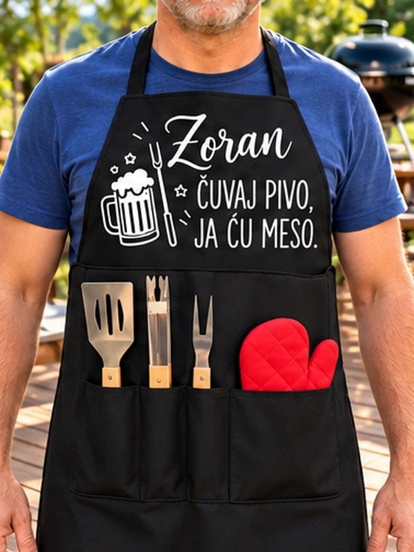 cuvaj-pivo Personalizirana pregača s imenom i natpisom Čuvaj pivo, ja ću meso