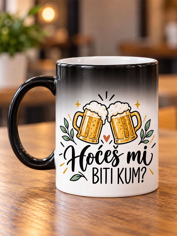 Magična šalica za kuma s natpisom Hoćeš mi biti kum i motivom krigli piva