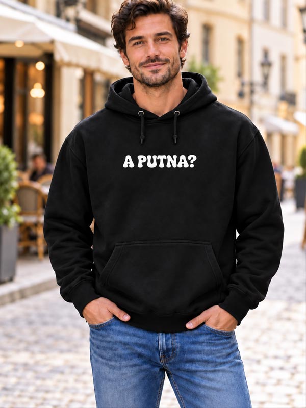 hoodie-a-putna Crna muška hudica s bijelim natpisom A putna