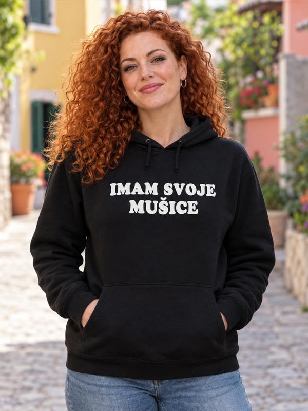 imam-svoje-musice Crna ženska hudica s bijelim natpisom Imam svoje mušice