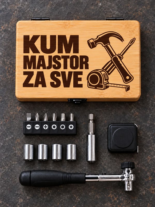 Set alata za kuma u bambusovoj kutiji s gravurom Kum majstor za sve