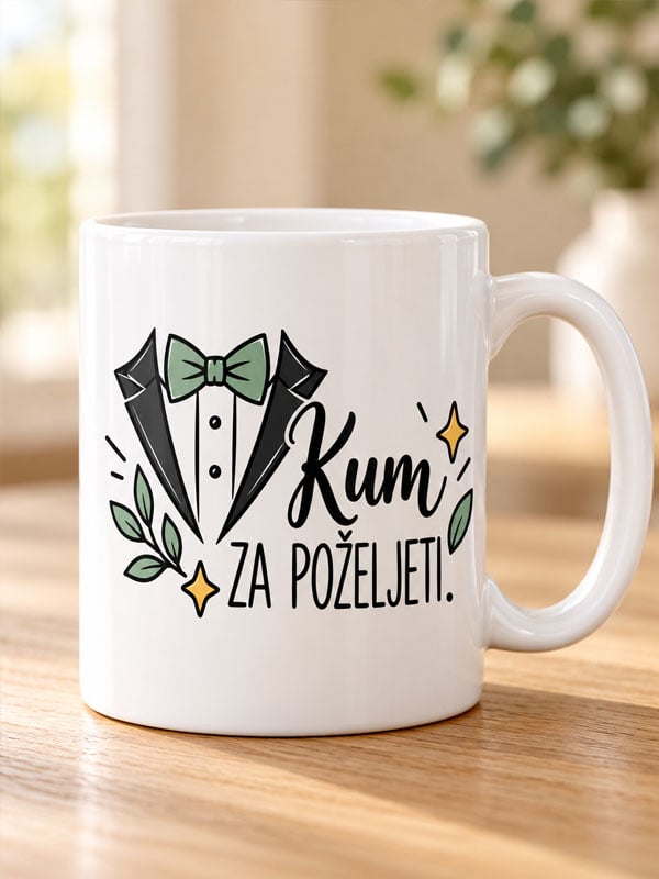Bijela šalica za kuma s natpisom Kum za poželjeti