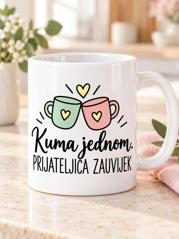 kuma-jednom-prijateljica Bijela šalica za kumu s natpisom Kuma jednom, prijateljica zauvijek
