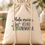 Unikatni pokloni – mala vrećica, veliko iznenađenje Unikatni pokloni mogu donijeti veliko veselje čak i kada se kriju u malom pakiranju. Vrećica za poklone s natpisom „Mala vrećica, veliko iznenađenje” najavljuje trenutak otvaranja i budi znatiželju primatelja. Razigrana poruka pristaje različitim darovima, od pažljivo odabrane sitnice do malog paketa koji ste osmislili posebno za dragu osobu. Na svijetloj podlozi nalazi se crni natpis, uz ilustraciju zelene poklon vrećice s ružičastim ukrasnim papirom, žutim srcem i zvjezdicama. Rukopisna slova povezana su s jasno istaknutom porukom „Veliko iznenađenje”, pa dizajn ima vedar i topao izgled. Prikladan je za djecu i odrasle te za različite prigode darivanja. Poruka koja najavljuje nešto posebno Natpis „Mala vrećica, veliko iznenađenje” ostavlja sadržaj tajnom sve do otvaranja. Možete ga odabrati za prijateljicu, partnera, sestru, brata, roditelje ili dijete koje se veseli svakom poklonu. Poruka ne spominje određeni datum ili prigodu, pa se lako uklapa u vašu ideju. Prikazani dizajn nema ime, zbog čega ga možete koristiti za različite primatelje. Ako želite osobniji izgled, možete osmisliti vlastitu verziju s imenom, kratkom posvetom ili dodatnim tekstom. Tako ćete pakiranje povezati s osobom kojoj darujete i porukom koju joj želite prenijeti. Organski pamuk i zatvaranje vezicama Vrećica je izrađena od organskog pamuka, a dimenzije su 25 × 32 cm. Zatvara se povlačenjem vezica koje skupljaju gornji rub. Sadržaj tako ostaje skriven, dok natpis na prednjoj strani najavljuje iznenađenje koje čeka unutra. Pri pripremi poklona provjerite dimenzije odabranih predmeta kako biste ih mogli uredno smjestiti u vrećicu. Možete odabrati jednu posebnu sitnicu ili složiti nekoliko manjih darova. Uz njih dodajte čestitku, osobnu poruku ili mali detalj koji će primatelju odmah otkriti zašto ste izabrali baš taj sadržaj. Za rođendane, blagdane i darivanje bez povoda Ova poklon vrećica lijep je izbor za rođendansko iznenađenje. Vedra ilustracija i natpis pristaju slavljenicima različite dobi, a sadržaj možete prilagoditi njihovim željama i interesima. Jednako se dobro uklapa u blagdansko darivanje, proslavu godišnjice ili malu zahvalu. Možete je pripremiti i bez posebnog povoda. Razveselite prijatelja nakon napornog tjedna, zahvalite kolegici na pomoći ili iznenadite člana obitelji nečim što voli. Personalizirani pokloni dobivaju dodatnu vrijednost kroz takve male znakove pažnje, a ova vrećica pomaže da trenutak uručivanja bude još ljepši. Osmislite sadržaj prema primatelju Veliko iznenađenje može biti dar koji pokazuje koliko dobro poznajete osobu kojoj poklanjate. Odaberite nekoliko sitnica u omiljenoj boji, nešto povezano s hobijem ili predmet koji podsjeća na zajedničku uspomenu. Važno je da svaki detalj ima smisla za primatelja. Za ljubitelja slatkog možete pripremiti mali izbor omiljenih slastica, a za kreativnu osobu sitnice povezane s njezinim stvaranjem. Ako darujete uspomenu ili najavljujete zajednički doživljaj, dodajte karticu s nekoliko osobnih riječi. Vrećica tada postaje uvod u priču koju ste pripremili. Vrećica koju možete ponovno koristiti Nakon otvaranja dara vrećica može poslužiti za čuvanje osobnih sitnica, ukrasa ili uspomena. Primatelj je može sačuvati uz čestitku ili ponovno upotrijebiti za darivanje. Univerzalan natpis ostaje prikladan za sljedeće iznenađenje, bez obzira kome će biti namijenjeno. Ako pripremate više poklona, isti motiv može povezati sva pakiranja. Svakom primatelju dodajte zasebnu čestitku i drugačiji sadržaj kako bi zajednički izgled pratio osobnu pažnju. Izradi sam svoju vrećicu za poklone Želite dodati ime, promijeniti poruku ili oblikovati drugačiji motiv? Kliknite na Izradi sam i pripremite vrećicu prema svojoj zamisli. Prije narudžbe provjerite tekst i raspored elemenata. Istražite i ostale personalizirane poklone te pronađite dar koji će upotpuniti vašu malu vrećicu i veliko iznenađenje. ALT tagovi: Unikatni pokloni – vrećica s natpisom Mala vrećica, veliko iznenađenje