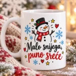Bijela šalica s natpisom Malo snijega, puno sreće i snjegovićem