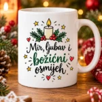 Bijela božićna šalica s natpisom Mir, ljubav i božićni osmijeh