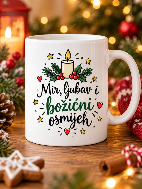 mir-ljubav-i-božićni-osmijeh Bijela božićna šalica s natpisom Mir, ljubav i božićni osmijeh