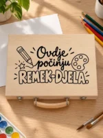 Drvena kutija za set za crtanje s ilustracijama olovke, slikarske palete i zvjezdice