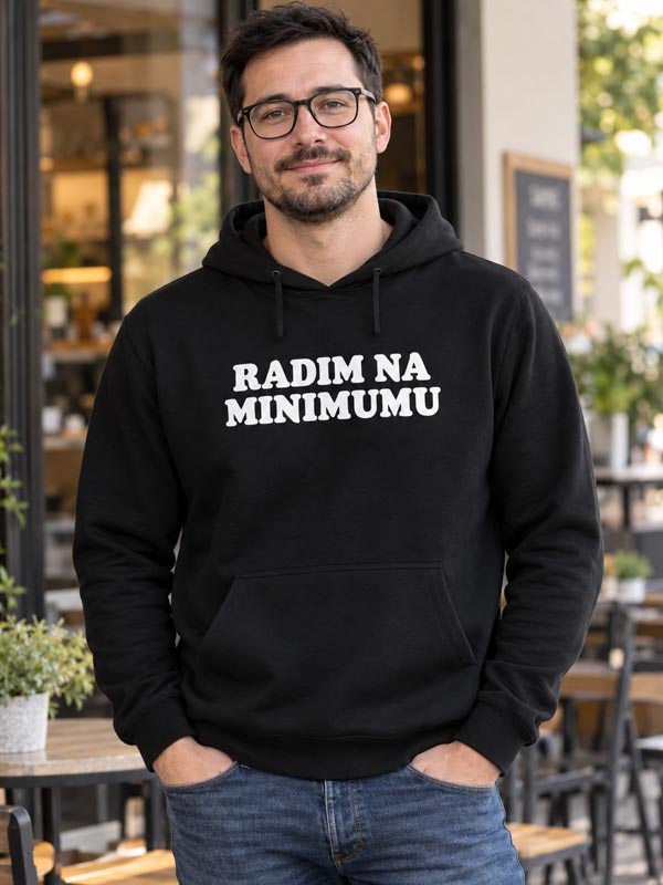 Crna muška hudica s bijelim natpisom Radim na minimumu