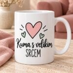 Bijela šalica Kuma s velikim srcem s ružičastim i zelenim srcima