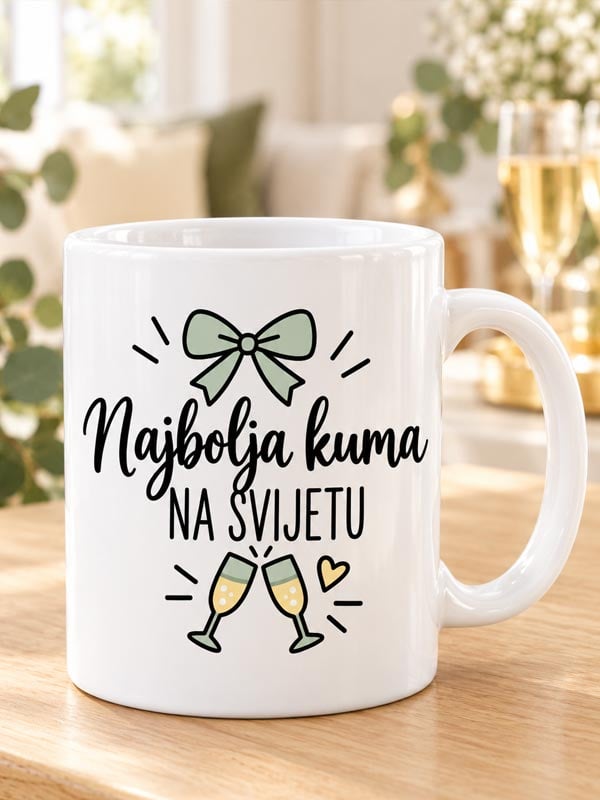 salica-najbolja-kuma Bijela šalica za kumu s natpisom Najbolja kuma na svijetu i zelenom mašnom