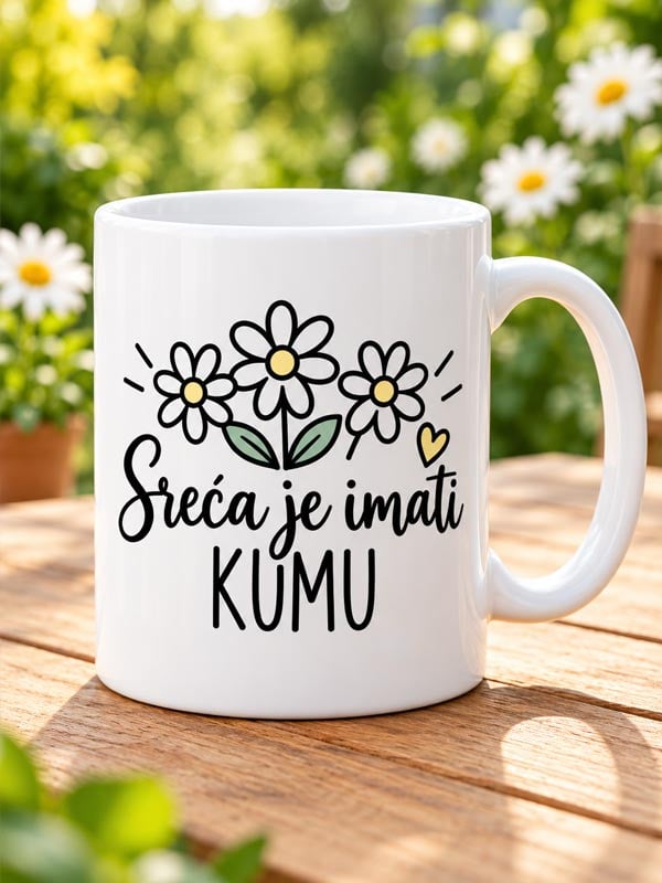 sreca-je-imati-ku,u Bijela šalica Sreća je imati kumu s tratinčicama i žutim srcem