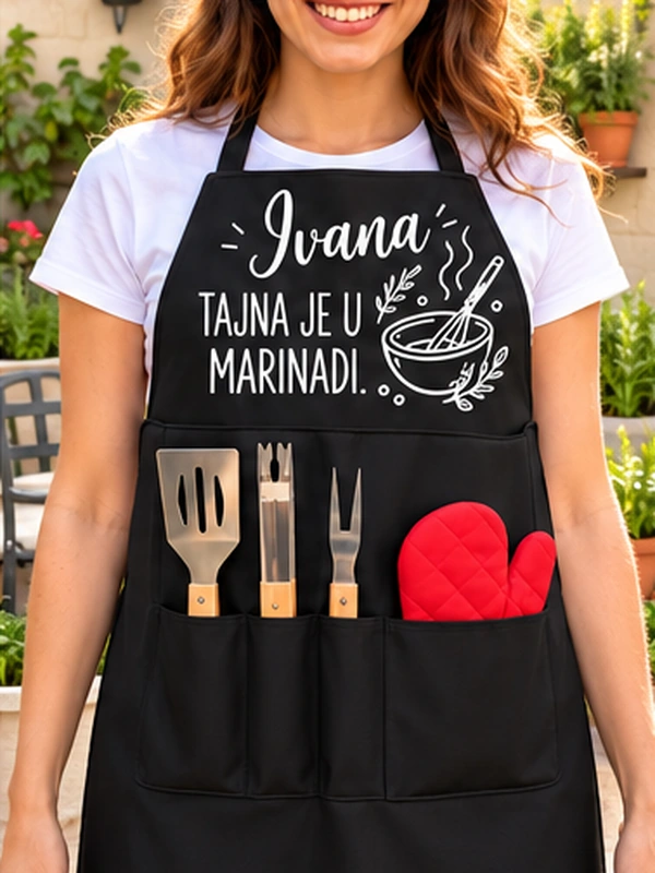 tajna-je-u-marinadi Crna pregača s bijelim natpisom i ilustracijom zdjelice sa začinskim biljem