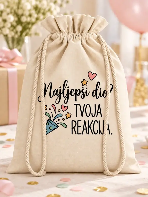 tvoja-reakcija Personalizirani pokloni – vrećica s natpisom Najljepši dio? Tvoja reakcija.
