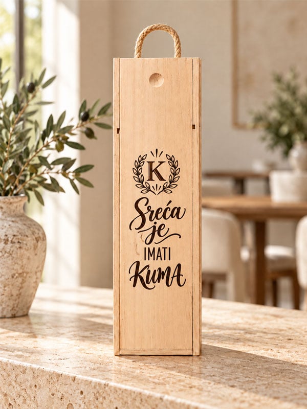 Drvena kutija za vino za kuma s gravurom Sreća je imati kuma