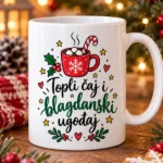 Božićna šalica s natpisom Topli čaj i blagdanski ugođaj