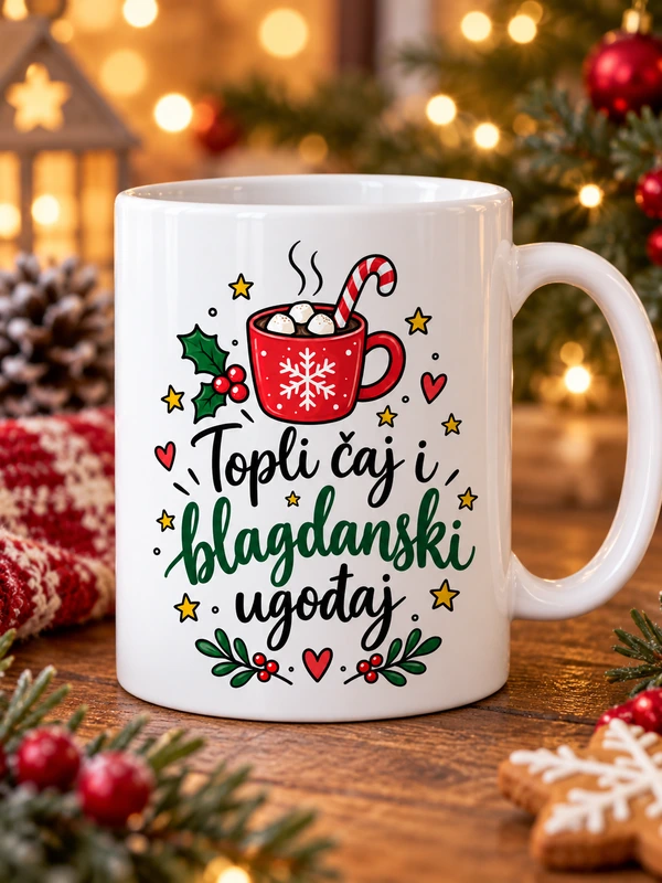 vrijeme-za-darove-i-zagrljaje Božićna šalica s natpisom Topli čaj i blagdanski ugođaj